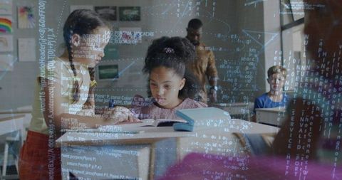 Elementary students reading together in classroom with coding overlay and teacher guidance