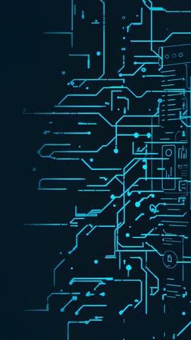 Displaying glowing circuit panel over dark blue with lock icon for cybersecurity vertical video