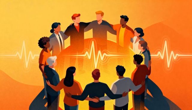 Diverse team joining arms around glowing heartbeat pulse for unity and collaboration
