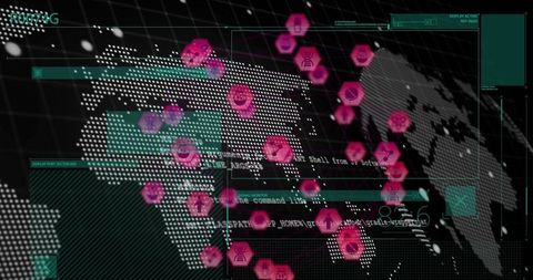 Futuristic Red Hex Virtual World Map with Cyber Overlay