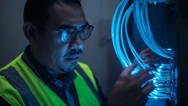 Telecom technician inspecting glowing fiber optic patch panel in cabinet wearing hi-vis and glasses