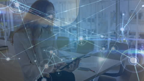 Businesswoman Using Tablet with Digital Network Overlay