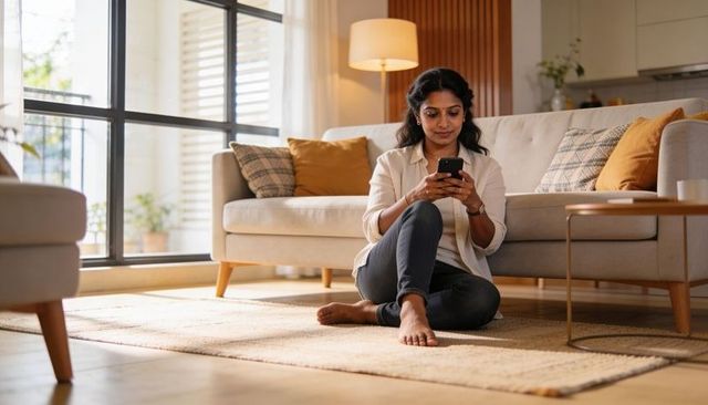 Relaxing on floor using smartphone in sunlit modern living room with cozy sofa