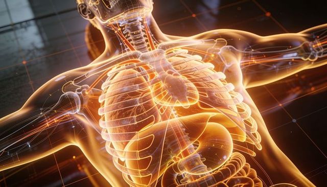Translucent holographic torso showing ribcage, heart, lungs and glowing neural network
