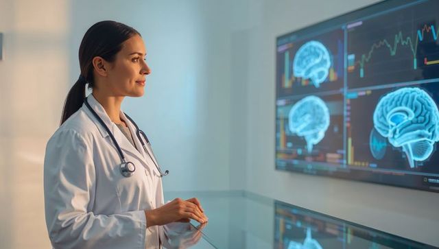 Female neurologist reviewing brain scans on wall monitor in modern clinical environment
