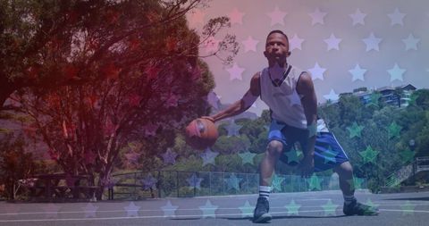 Teen Playing Basketball on Scenic Outdoor Court with Star Overlay