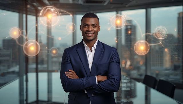 Confident executive leading digital strategy in high-rise glass boardroom with AR network