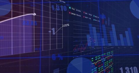 Virtual financial dashboard showing trading analytics, blue neon charts and market trends