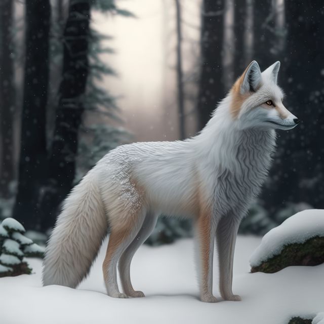 An Arctic fox with a striking white coat, delicately shaded with hints of brown, standing in a frosty forest. Snow covers the ground, and dark trees provide a stark contrast to the fox's pristine fur. This image is ideal for use in nature magazines, wildlife blogs, education on Arctic wildlife, or as a captivating addition to nature-themed wall art.