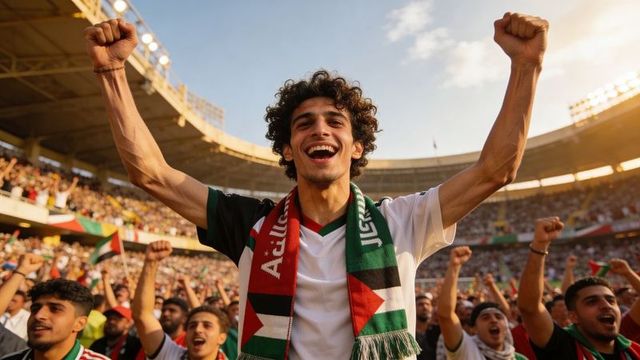 Young male fan cheering and raising fists wearing palestinian scarf in vibrant stadium crowd