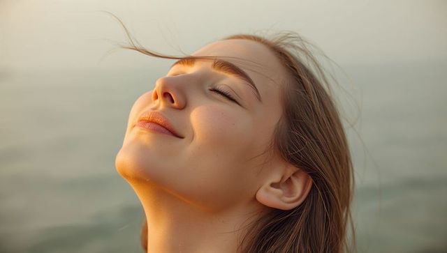 Basking young woman in golden sunlight by lake, serene seascape portrait capturing tranquil joy