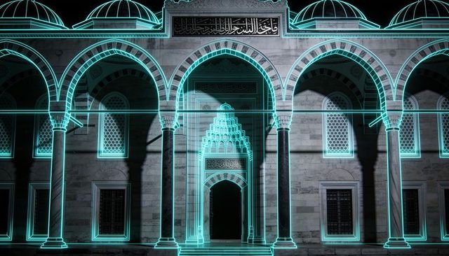 Turquoise neon outline on ottoman mosque facade at night highlighting arches and muqarnas