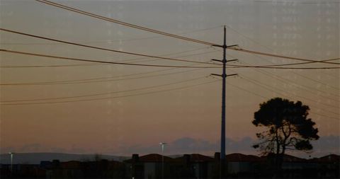 Power lines crossing suburban dusk sky with silhouetted tree and lit streetlights over rooftops