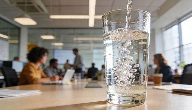 Pouring water into glass on office desk with bubbling flow and busy open-plan team