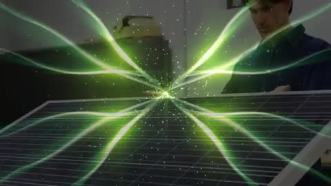 Technician Examining Solar Panel with Futuristic Energy Visuals