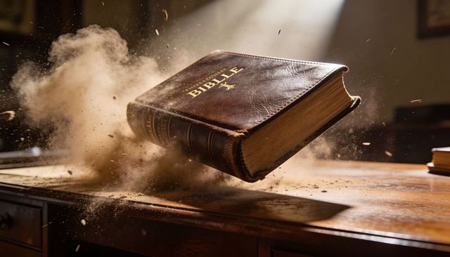 Levitating antique leather bible rising through dusty sunbeam over wooden desk gilded cross