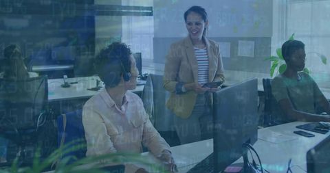 Businesswomen Collaborating in Modern Office with Stock Market Overlay - Download Free Stock Images Pikwizard.com
