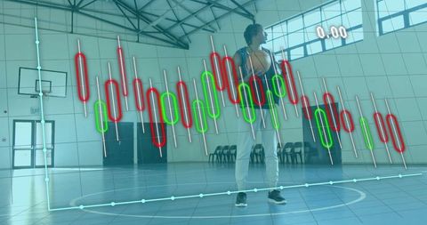 Black athlete holding basketball standing on gym court with candlestick overlay