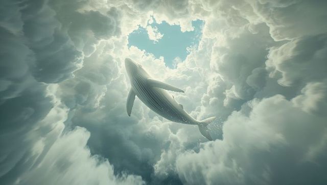 Surreal whale ascending through cloud tunnel toward blue sky opening, dreamlike