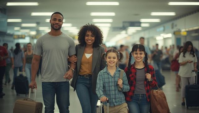 Family of Four Walking Crosshead Style in Airport Terminal With Luggage
