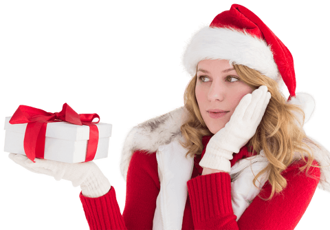 Woman Holding Gift in Festive Outfit on Transparent Background