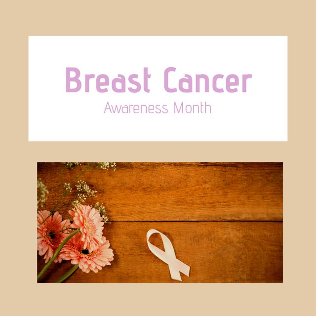 Image of breast cancer awareness month over beige background and flowers with pink ribbon. Health, medicine and cancer awareness concept.