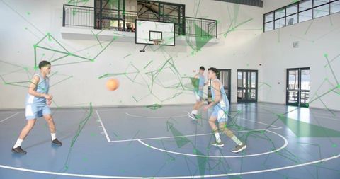Basketball team practicing passing drill on indoor court with futuristic data overlay