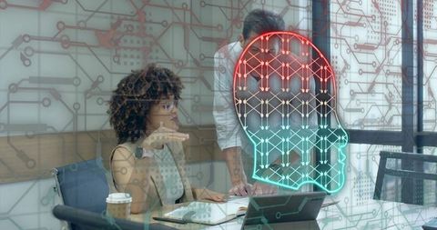 Tech Collaboration with AI Interface in Modern Office