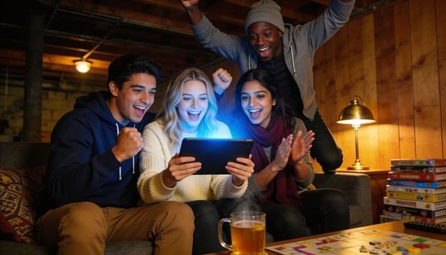 Group cheering over tablet during cozy basement game night with board games