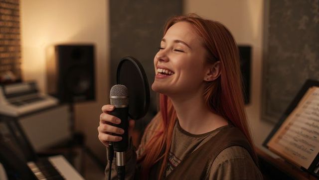 Young Female Singer Recording in Home Music Studio