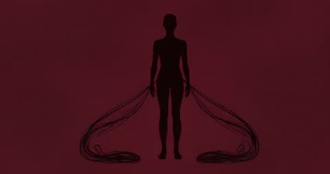 Abstract Silhouette with Spiraling Tendrils on Red Background