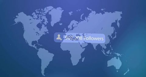 Global followers counter displaying 902,208 over world map with analytics HUD and gradient glow