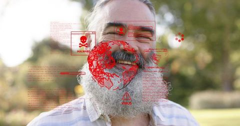 Mature bearded man outdoors with red malware overlay illustrating global cyberattack threat