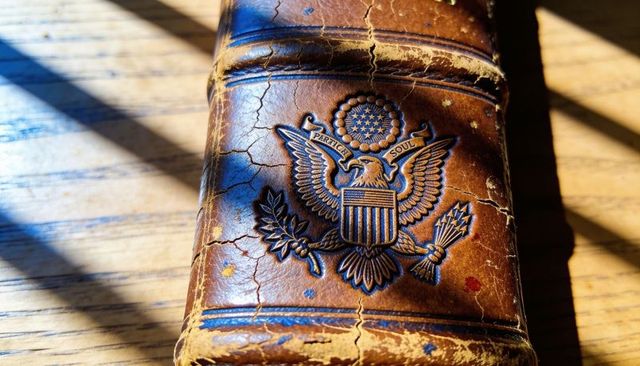 Embossed american eagle crest on distressed leather book cover with sunlight and shadows