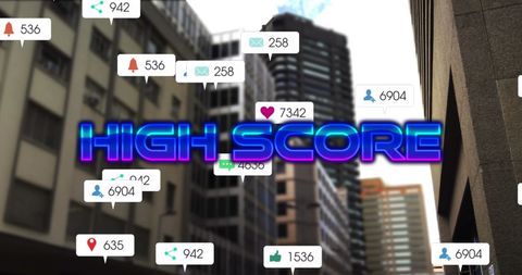 Digital High Score Pop-Up with Social Media Notification Overlays in a Cityscape