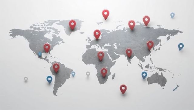 Global network map with red and blue location markers, minimalist world map display