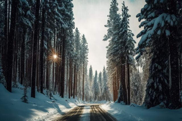 Forest pathway covered in snow with pine trees on both sides and sunlight shining through. Ideal for themes of winter nature, serene landscapes, outdoor adventures, and travel during winter. Can be used for holiday greeting cards, travel brochures, and nature-themed artwork.