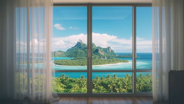 Scenic lagoon view from luxurious interior with sheer curtains