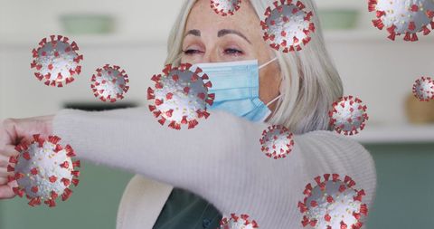 Senior Woman Coughing with Coronavirus Cells Overlay