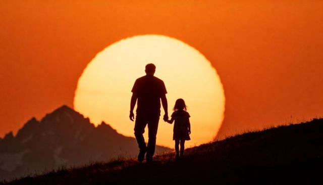Father and daughter holding hands silhouette at sunset with giant sun and mountain ridge