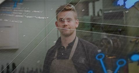 Artisan in Workshop with Digital Data Overlays Showing Industrial Tech and Craft Fusion