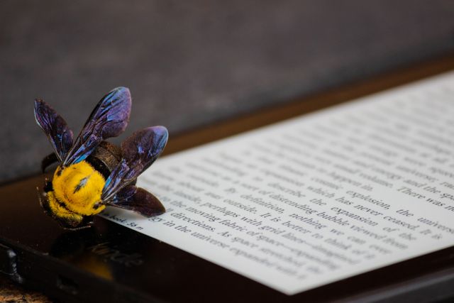 A vibrant bee is exploring the surface of an e-reader resting on a table. The close-up shot highlights the bee's brightly colored wings and body against the modern digital device. Ideal for use in tech and nature themes, articles discussing the intersection of technology and nature, or educational content about insects and their curiosity.