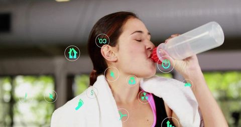 Hydrating woman drinking from sports bottle after workout with fitness icons overlay