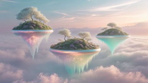 Floating mystical islands with driftfall over enchanted cloudscape