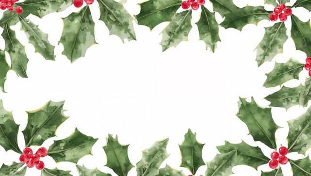 Watercolor holly border with red berries framing white space for holiday greetings