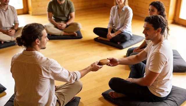 Passing wooden mindfulness object during group meditation circle in wooden studio
