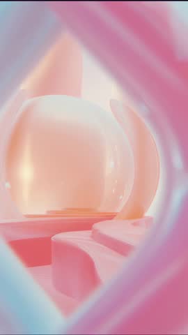 Vertical video drifting through pastel lattice toward glowing sphere in minimalist future space