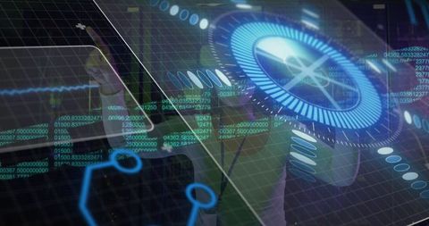 Engineer interacting with holographic data in high-tech lab