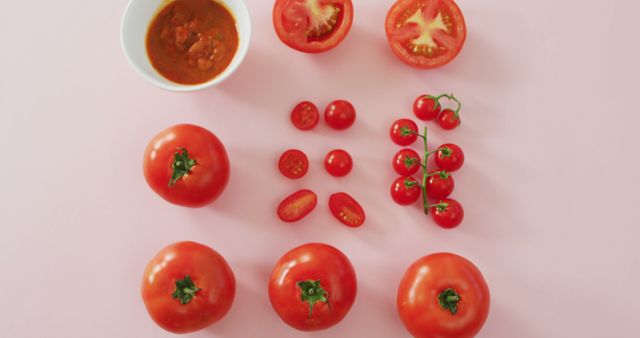 Image of fresh red tomatoes and tomato sauce with copy space on pink background. fusion food, fresh vegetables and healthy eating concept.