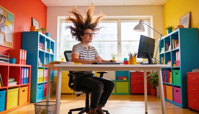 Young man typing with hair blowing upward in colorful office, playful creative energy